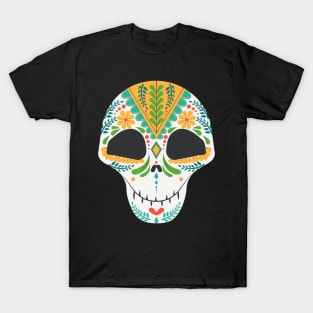 Smiling Floral Sugar Skull Yellow and Blue T-Shirt